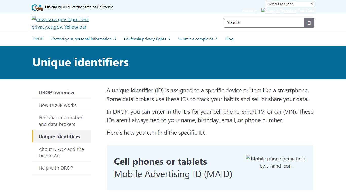 Unique identifiers - privacy.ca.gov